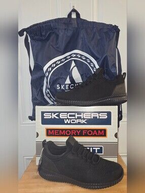 Skechers Work Black Memory Foam Slip-On Sneakers Brand New In BOX Mens 9.5 WIDE